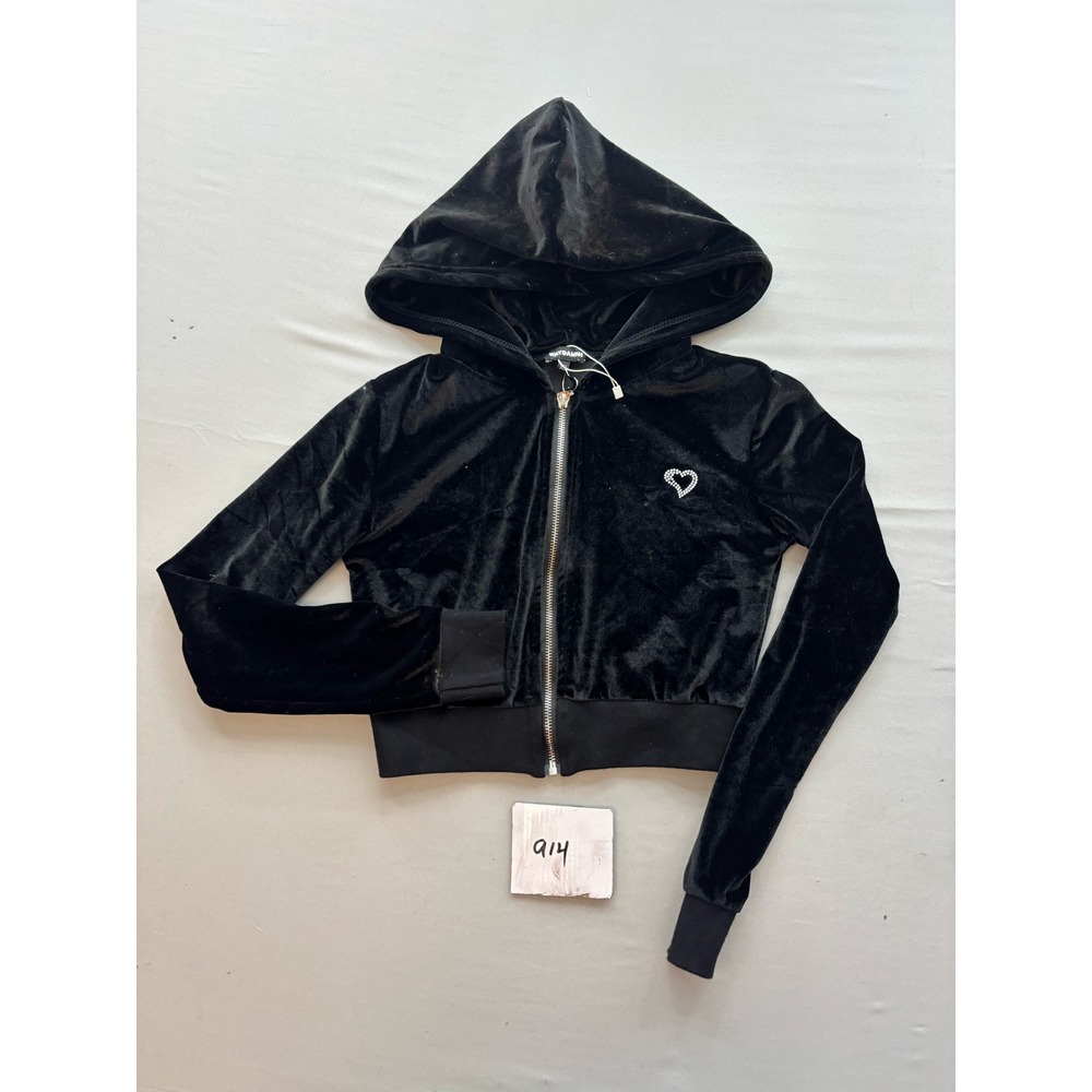 Waydamin Black Velour Rhinestone Cropped Zip Up Hoodie XS Heart Logo Sweatshirt